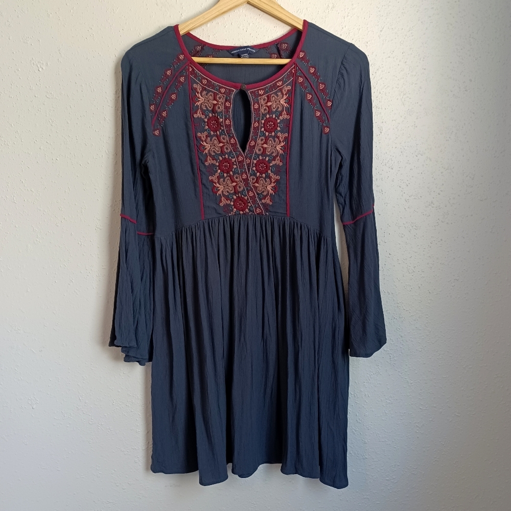 American Eagle Outfitters Navy Long Sleeve Embroidered Dress with Red Accents